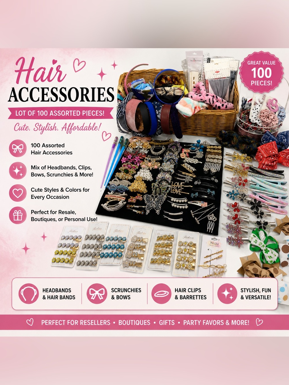 100 Piece Hair Accessory Reseller Lot Boutique Closeout Headbands Clips Bows